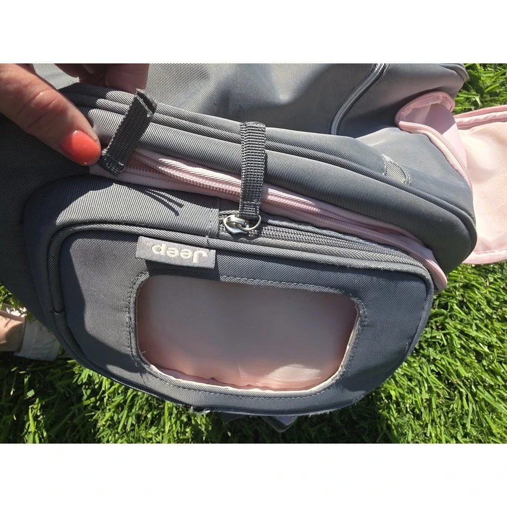Jeep Adventures Backpack/Diaper Bag Gray with Pink Trim Wipes Container Pocket